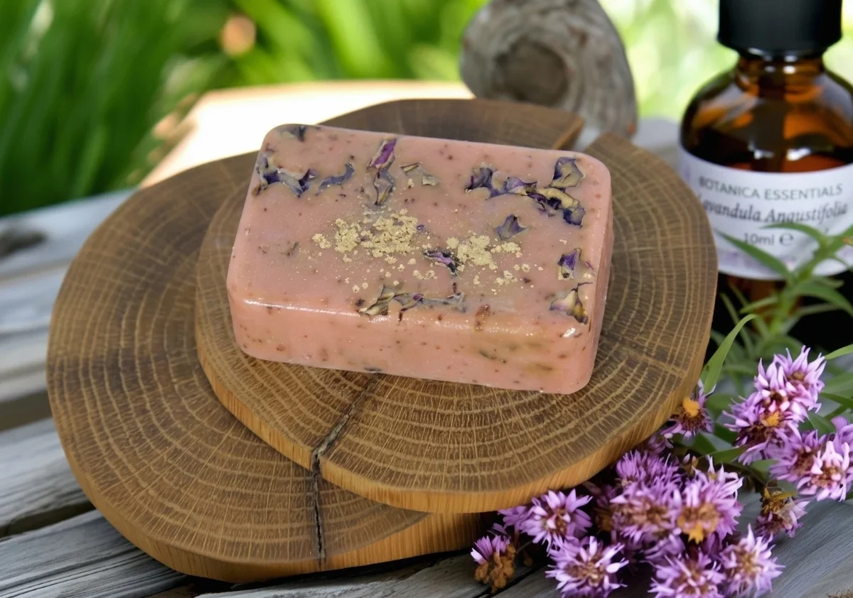 A pink handmade botanical soap bar topped with dried flower petals and gold powder sits on a natural wood slice. Beside it is a small amber glass bottle of essential oil and a cluster of purple flowers.