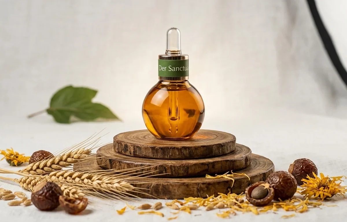 A dropper bottle labeled Inner Sanctuary rests on rustic wooden platforms surrounded by wheat stalks, dried seeds, and yellow flower petals against a neutral background. This organic, small-batch skincare product suggests a holistic and nature-inspired beauty ritual.