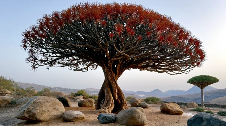 A wide shot of a gnarled Dracaena dragon tree with red-tinged leaves standing in a rocky desert landscape. A smaller dragon tree is visible in the background under a soft, hazy sky.