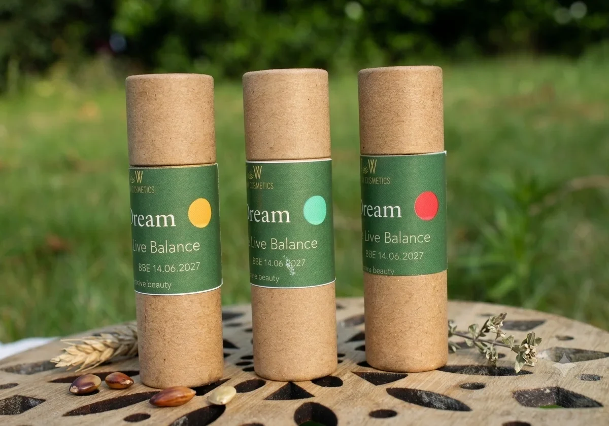 Three cylindrical, eco-friendly cardboard tubes labeled Moon Cream Hormone Balance sit on a decorative wooden surface outdoors. Each tube is marked with a different colored dot, representing the organic and handmade skincare products.