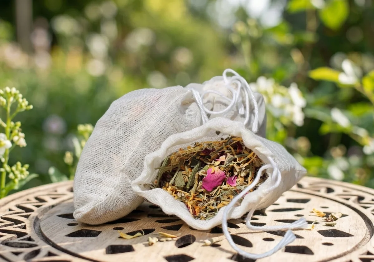 Two small, off-white linen sachets filled with raw dried herbs and flower petals, resting on a decorative wooden surface in a lush garden setting.