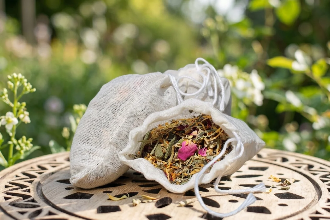 Two small, off-white linen sachets filled with raw dried herbs and flower petals, resting on a decorative wooden surface in a lush garden setting.