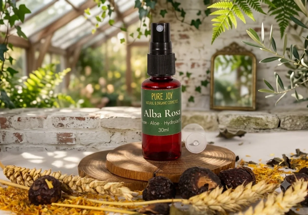 A bottle of Pure Joy Alba Rosa natural face spray rests on a wooden base surrounded by dried wheat and botanicals in a garden setting.
