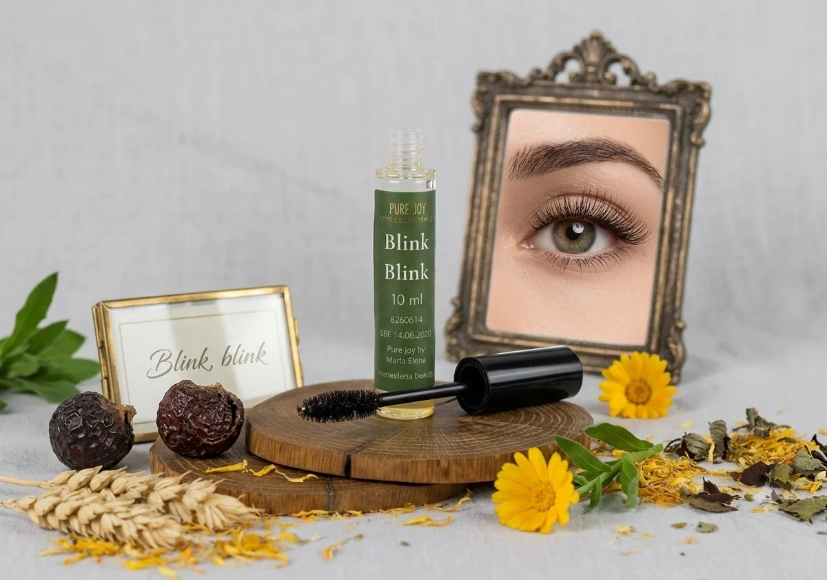 A bottle of Pure Joy Blink Blink natural mascara sitting on a wooden disc, next to a vintage frame showing an eye with long lashes and various botanicals.