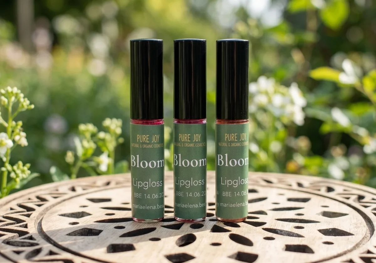 Three tubes of Pure Joy Bloom organic lipgloss standing on an ornate wooden surface in a garden setting.