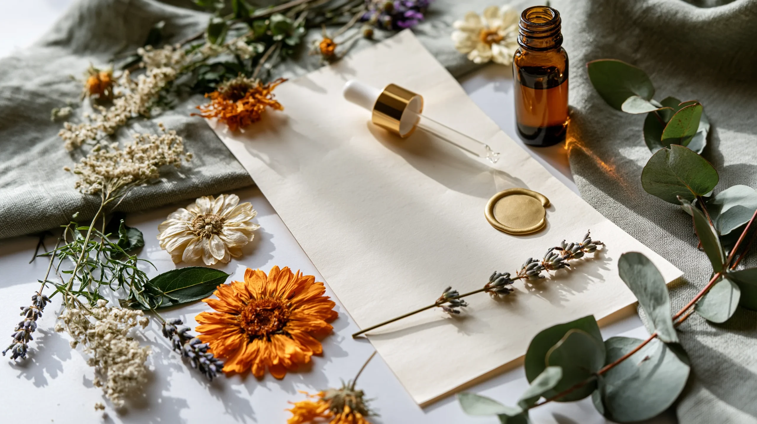 A flat-lay photograph featuring a blank parchment note with a gold wax seal, a glass serum dropper, and various dried organic botanicals on a neutral textile background. The composition evokes a holistic, slow beauty aesthetic typical of clean, handmade skincare products.