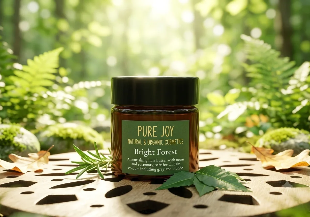 A jar of Pure Joy Bright Forest hair butter sits on a wooden surface surrounded by fresh neem leaves and rosemary sprigs in a forest setting.