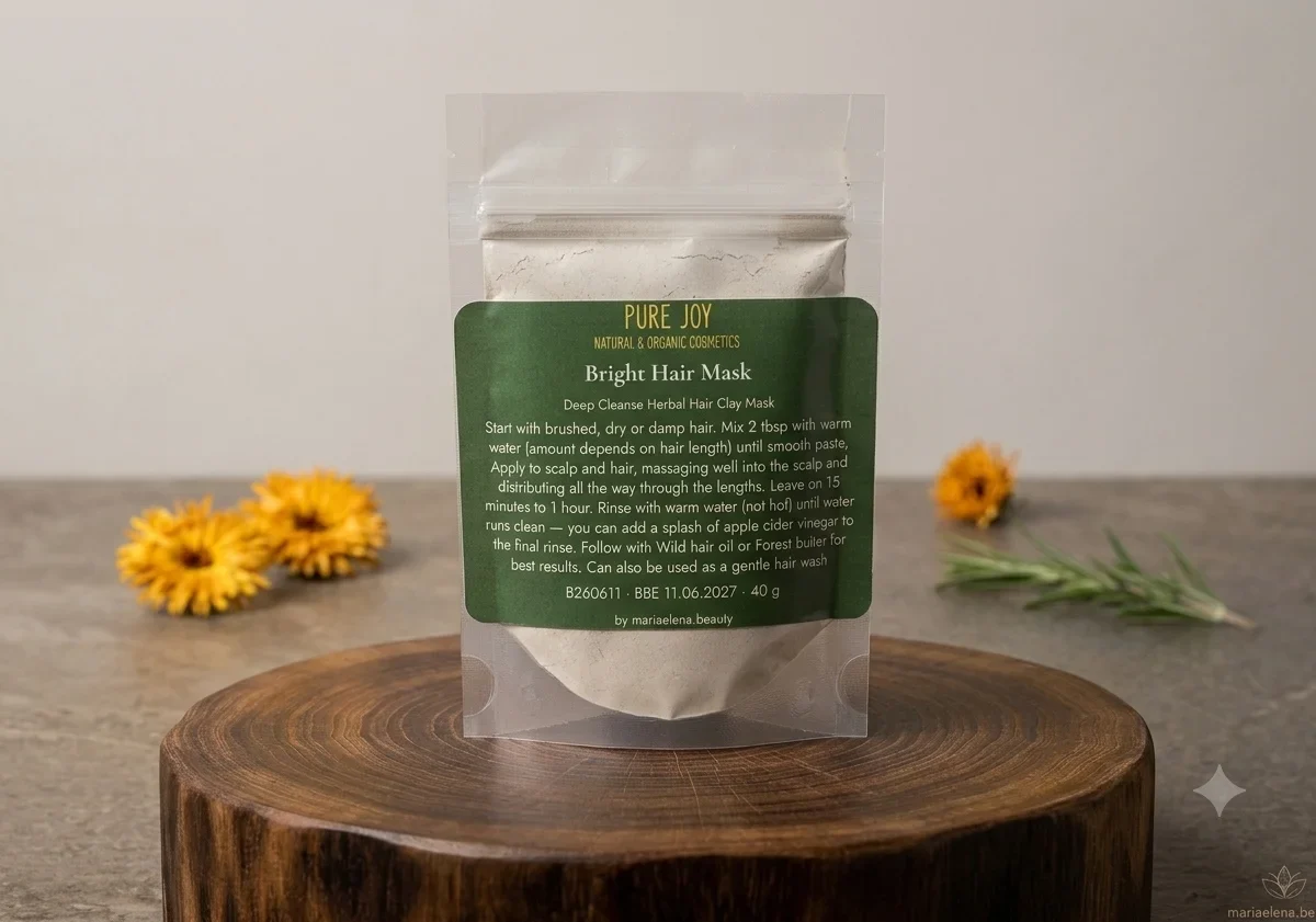 A small pouch of Pure Joy Bright Hair Mask sitting on a wooden log, surrounded by marigold flowers and a sprig of rosemary.