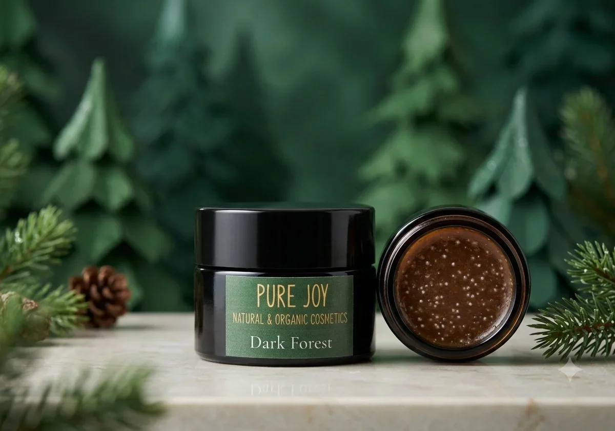 A jar of Pure Joy Dark Forest natural face balm sits next to its open container on a marble surface, against a background of pine trees.