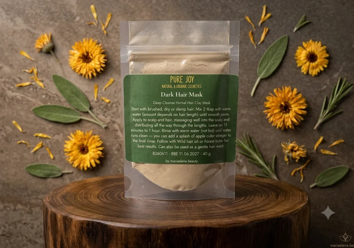 A pouch of Pure Joy herbal hair clay mask sitting on a wooden stump surrounded by dried calendula flowers and sage leaves.