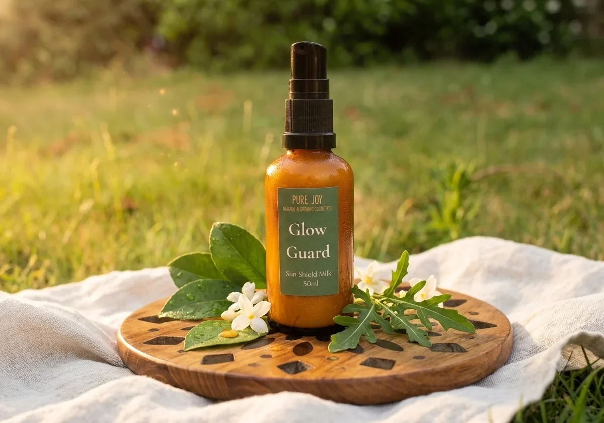 A bottle of Pure Joy Glow Guard natural sun shield milk sits on a carved wooden board, surrounded by fresh white flowers and green leaves in a sunny outdoor setting.