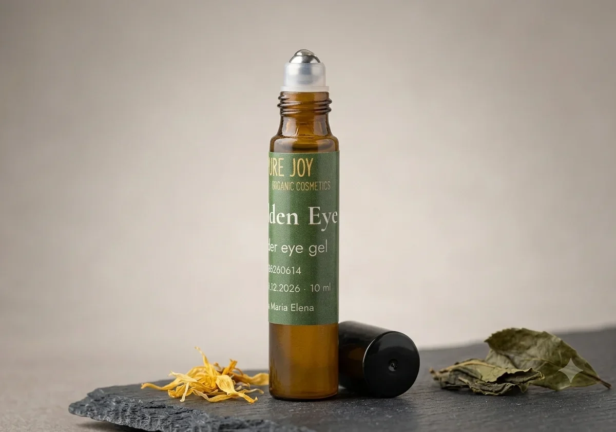 A glass roller bottle of Pure Joy natural eye gel sits on a slate surface with dried yellow flower petals and dark leaves. The product label features organic cosmetic labeling including branding by Maria Elena.