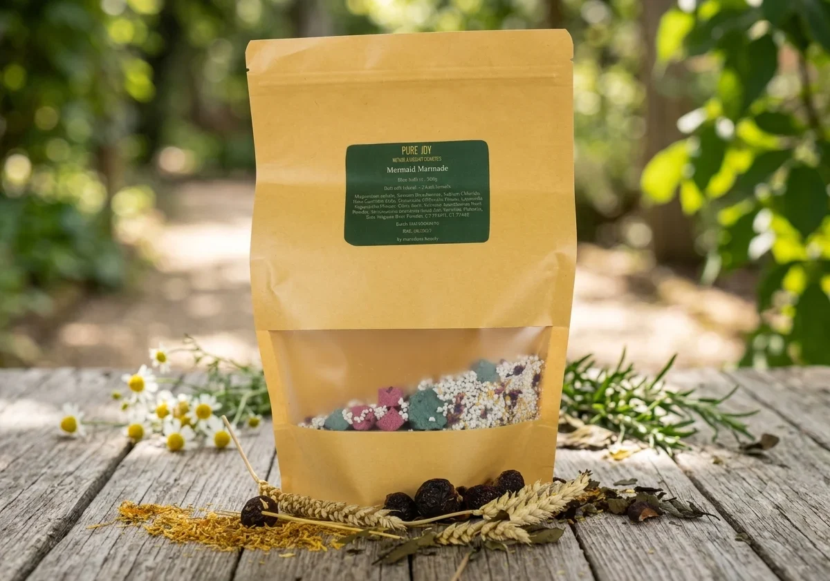 A bag of Pure Joy Mermaid Marinade from Maria Elena Natural Beauty, surrounded by medicinal herbs, chamomile, and wheat on a rustic wooden table.