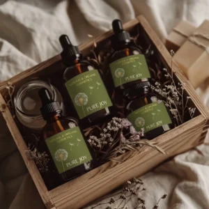 Three amber glass bottles of Pure Joy organic skincare products nestled in a rustic wooden gift crate with dried flowers.