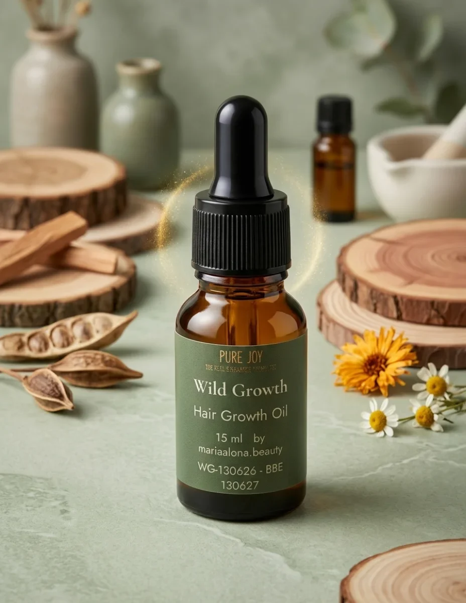 A bottle of Pure Joy Wild Growth hair oil sits on a green surface surrounded by wooden slices and dried botanicals. The amber glass dropper bottle features a minimalist green label.
