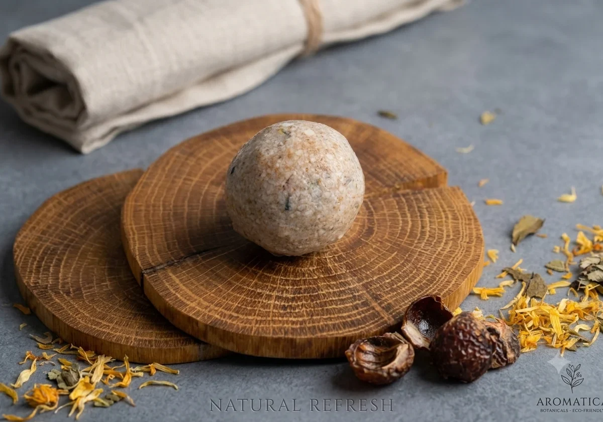 A round rose face cleansing bar rests on a wooden slice coaster with soap nuts and dried petals nearby. The aesthetic reflects a natural, sustainable skincare ritual.