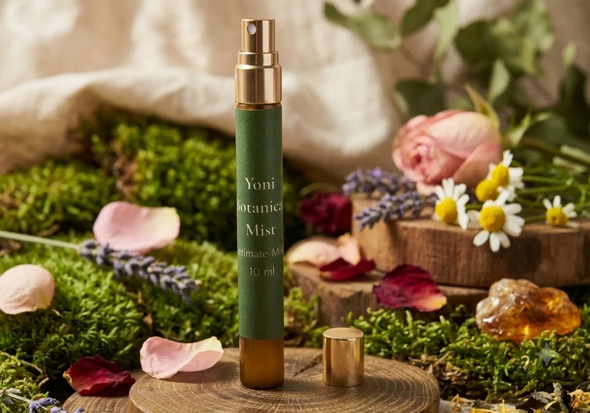 A 10ml bottle of Yoni Botanica Mist stands on a wooden platform surrounded by fresh greenery, flowers, and natural elements. The scene reflects the brand's commitment to natural skincare and holistic women's wellness.