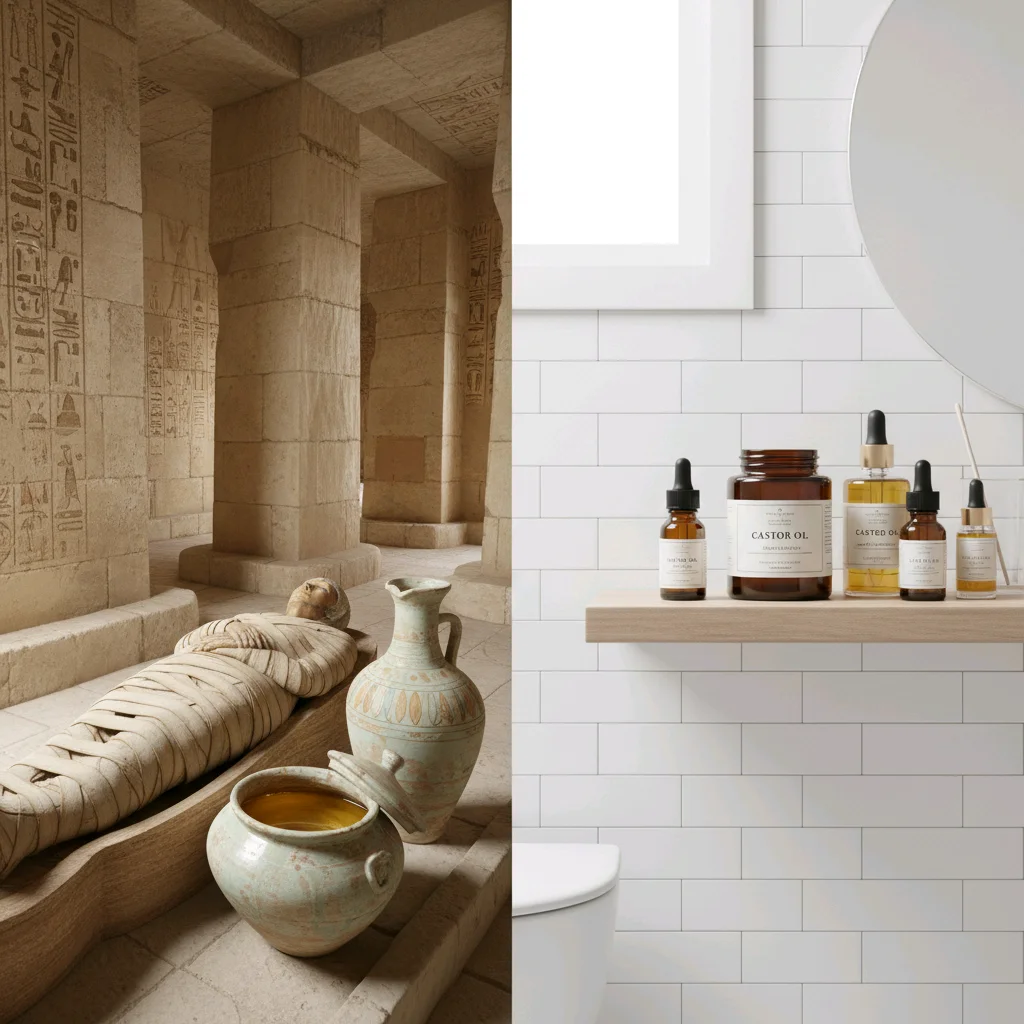 Split image showing ancient Egyptian temple with pottery vessels next to modern castor oil beauty products on white tiles