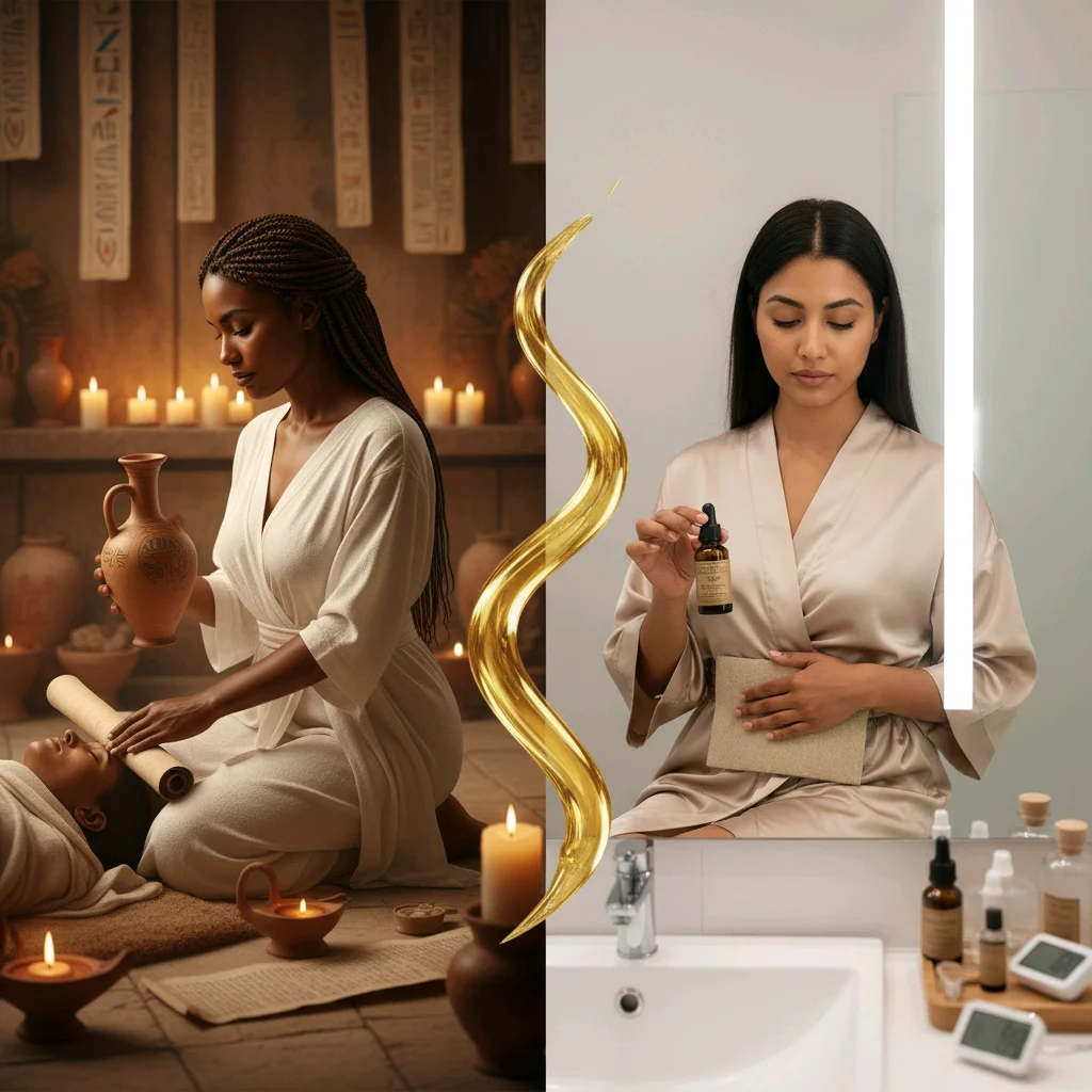 Split image showing traditional spa ritual with candles and clay versus modern skincare routine with serum bottles