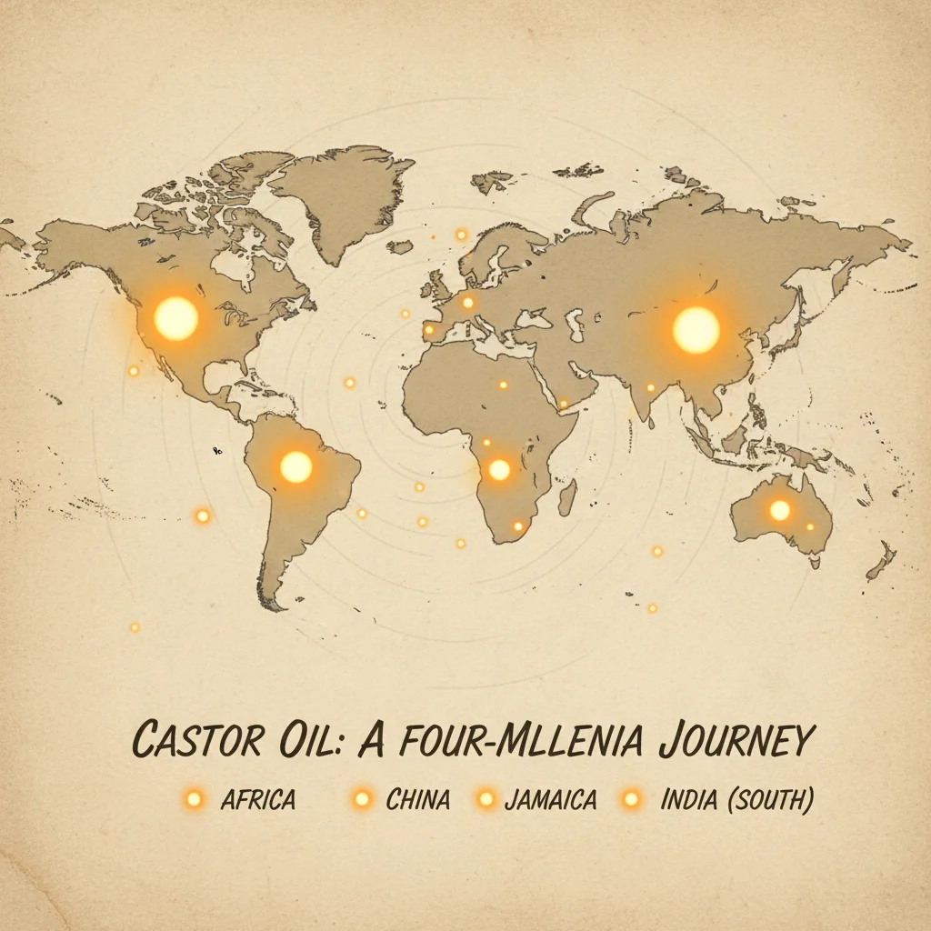 World map showing castor oil origins in Africa, China, Jamaica, and South India with glowing location markers