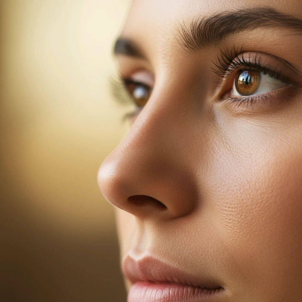 Close-up of woman's face showing brown eyes, long eyelashes, and clear skin with natural makeup
