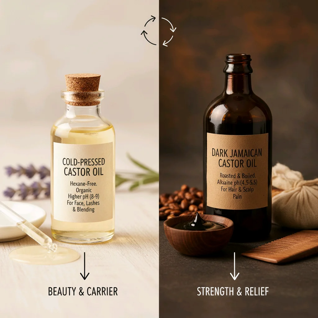 Comparison of cold-pressed castor oil for beauty and dark Jamaican castor oil for strength and relief applications