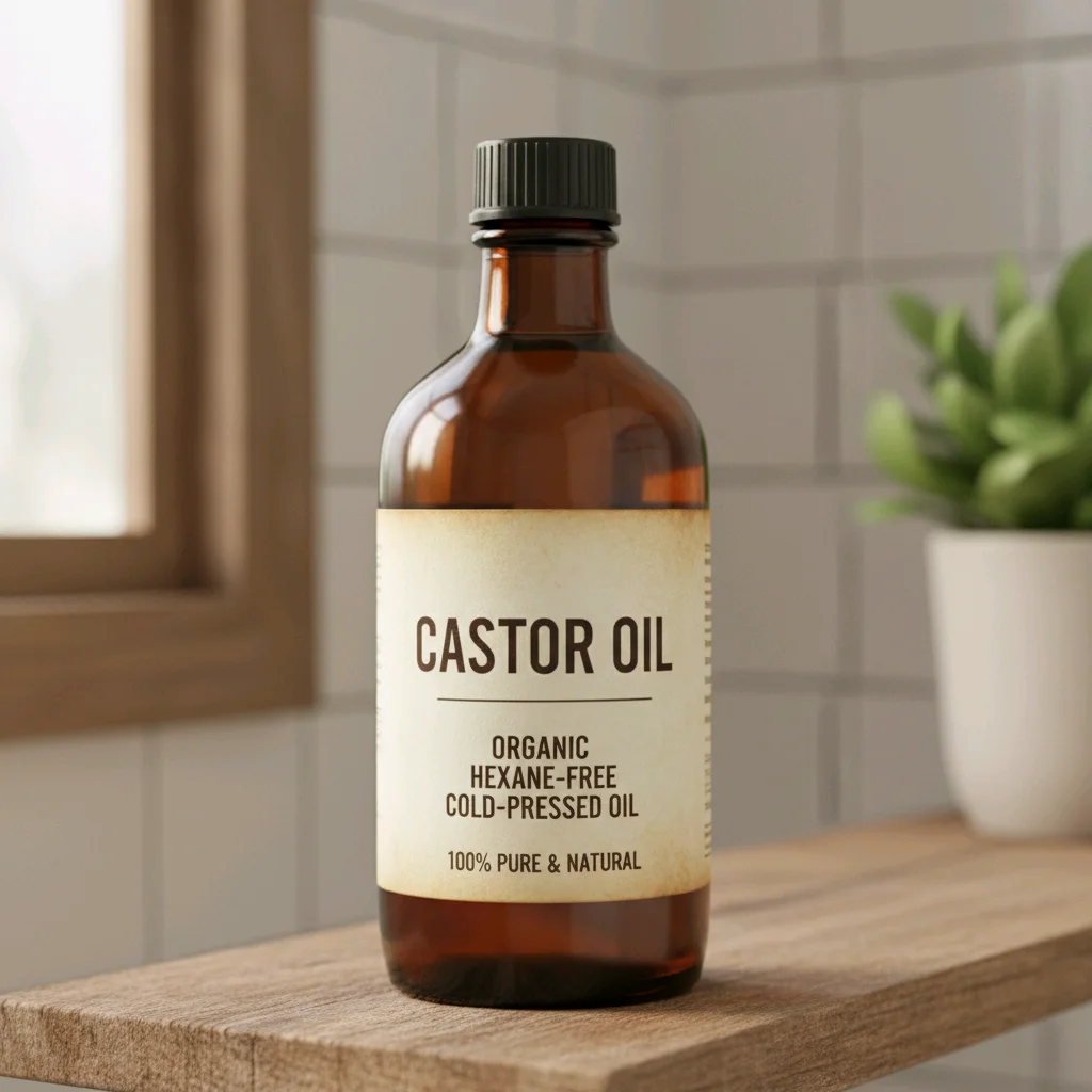 Amber glass bottle of organic cold-pressed castor oil on wooden table with natural light and plant in background