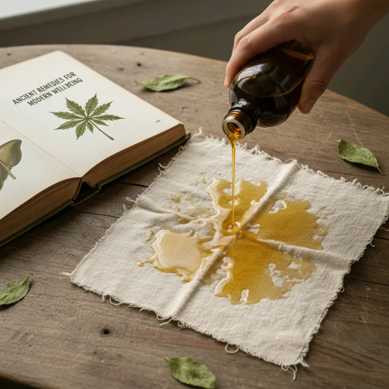 Hand pouring golden CBD oil from dark bottle onto natural fabric beside ancient remedies book with cannabis leaf illustration