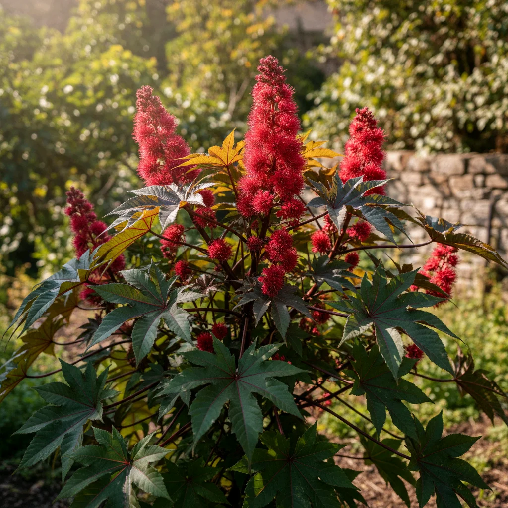Vibrant red flowering castor bean plant with distinctive palmate leaves in sunny garden setting