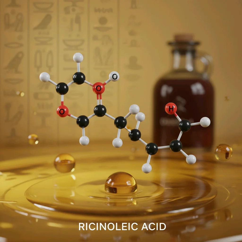 3D molecular structure model of ricinoleic acid with black carbon atoms, red oxygen atoms, and white hydrogen atoms
