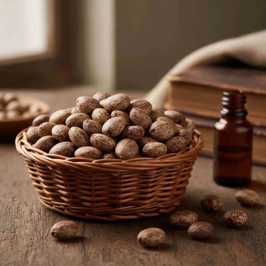 Shea nuts in woven basket on wooden table with amber oil bottle and vintage books in natural light